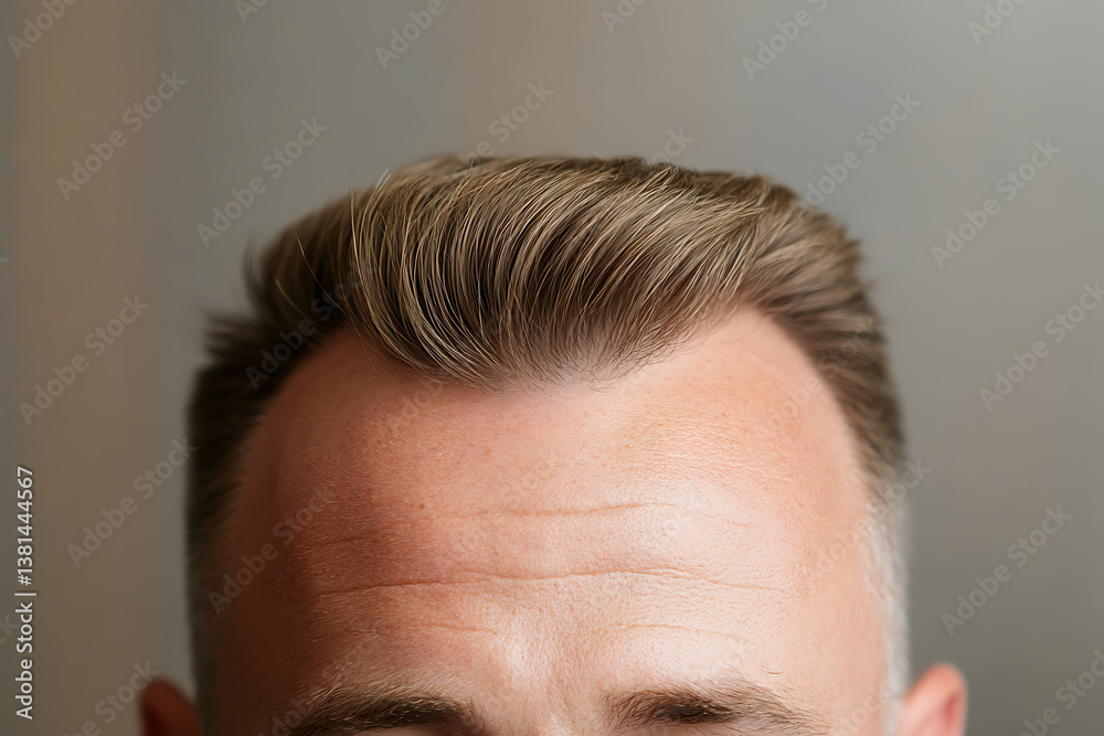 Close-up shot of a man's forehead and hair, focusing on texture and style. Warm lighting highlights the natural tones in both skin and hair against a neutral background. Close-up shot of a man's forehead and hair, focusing on texture and style. Warm lighting highlights the natural tones in both skin and hair against a neutral background.