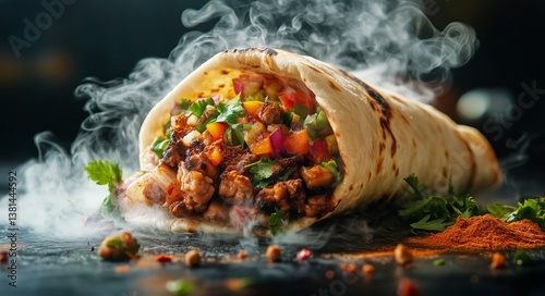 Delicious Burrito Filled With Grilled Meat and Fresh Vegetables With Smoky St...