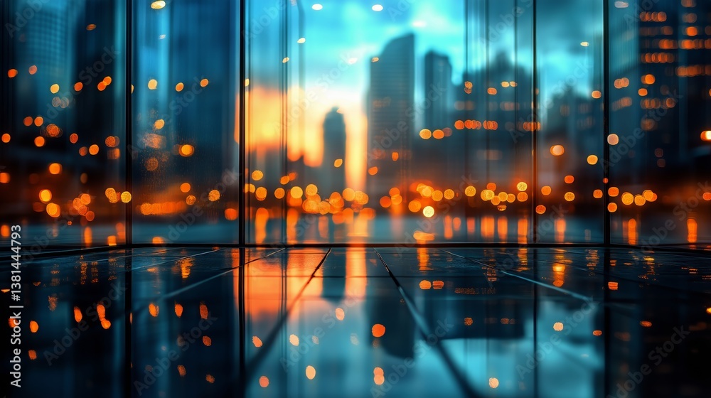 Fototapeta premium City Skyline Reflections During Sunset Showcasing Urban Lights and Architecture