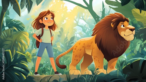 Girl and Lion in a Lush Jungle