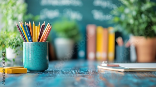 Bright Yellow Pencils in a Stylish Holder on a Wooden Table With Cozy Backgro...