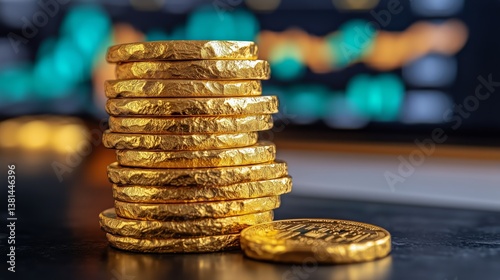 Stacked Gold Coins on a Desk With Digital Charts in the Background During Day...