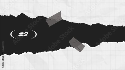 Trendy vector ripped paper collage with torn edges, crumpled black texture, grid background, and duct tape elements. Perfect for posters, social media, vintage designs, and creative layouts. White