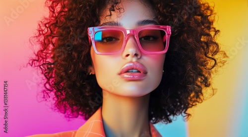 Colorful Portrait of a Model Wearing Stylish Sunglasses in Vibrant Lighting