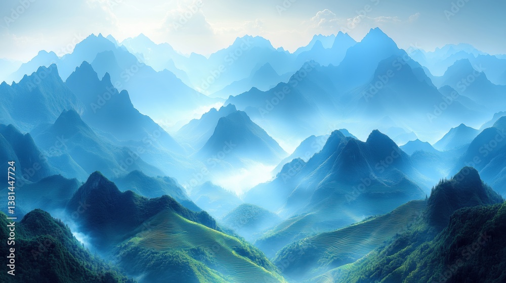 Fototapeta premium Serene mountain landscape with misty valleys and lush greenery during early morning light