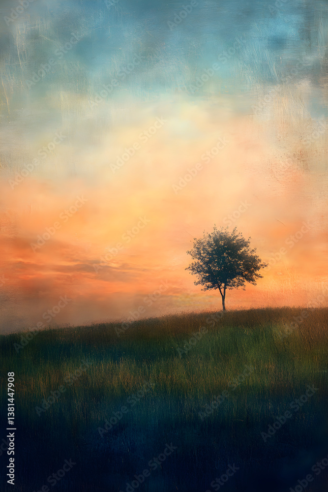 Fototapeta premium Golden Dawn: The Tranquil Beauty of a Sun-Kissed Meadow and Solitary Tree