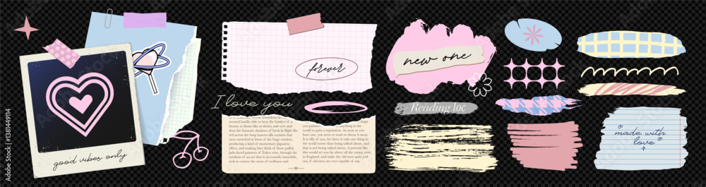 A set of retro textured torn paper, including ripped notebook sheets, rough jagged edges, and old newspaper fragments, arranged in a trendy 90s collage style. Photo Frame and brush stroke elements Y2K