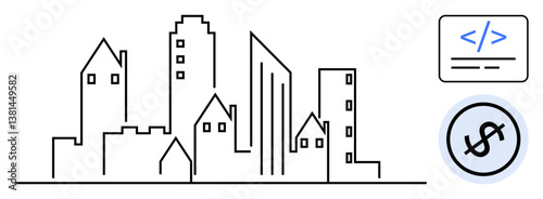 Stylized cityscape with skyscrapers, coding tag, and dollar sign circle. Ideal for technology, startups, urban planning, software, coding investment finance. Flat simple metaphor