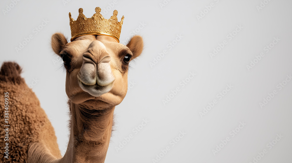 Fototapeta premium A camel wearing a crown and smiling. Concept of royalty and happiness. The camel's expression and the crown on its head suggest that it is a special and unique moment captured in the image