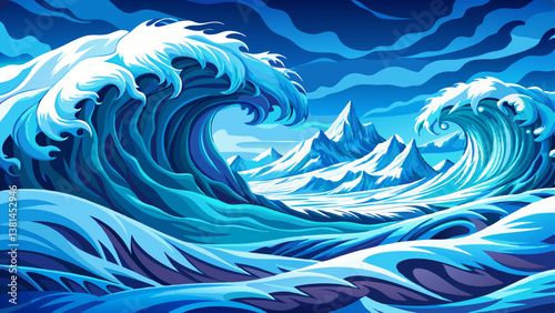 Frozen ocean waves locked in ice under an arctic sky, winter sea landscape