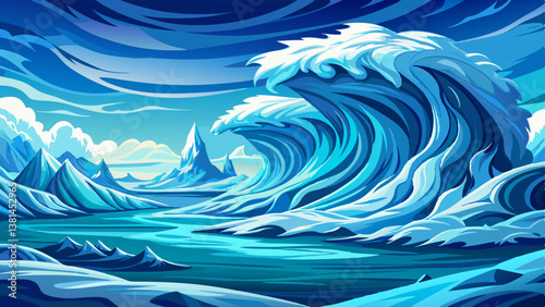 Frozen ocean waves locked in ice under an arctic sky, winter sea landscape