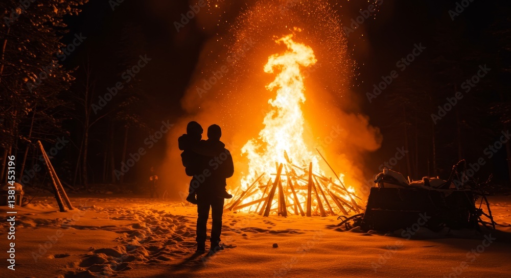 Fototapeta premium Person Carrying Child Near Large Bonfire in Snowy Night - A silhouette of a person carrying a child stands before a massive bonfire in a snowy landscape at night. Symbolizing warmth, protection
