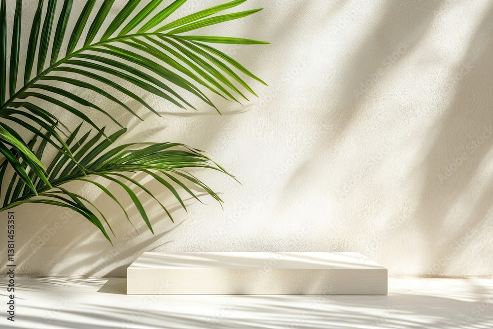 A blank, minimalist white counter podium is juxtaposed with soft, beautiful dappled sunlight and lush tropical palm foliage, creating leaf shadows on the wall that evoke a sense of luxury, perfect A blank, minimalist white counter podium is juxtaposed with soft, beautiful dappled sunlight and lush tropical palm foliage, creating leaf shadows on the wall that evoke a sense of luxury, perfect