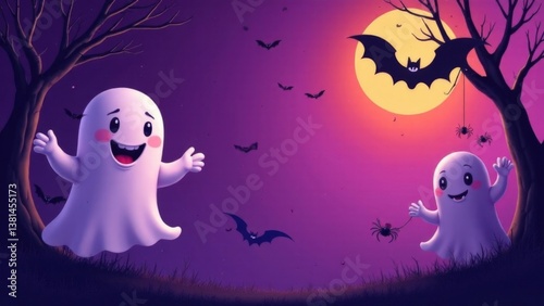 Cheerful ghosts and bats in a moonlit halloween scene
