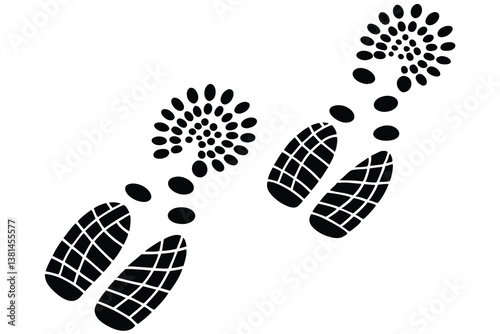 Black shoes prints footpath. Sneakers silhouettes path. Steps or footprints of walking person. Human steps traces. Vector illustration isolated on white background.