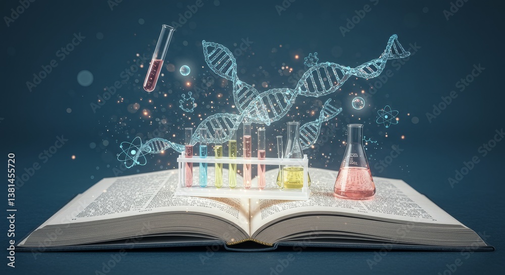 Naklejka premium Scientific Discovery Emerging From Book - Knowledge, science, innovation, genetic research, discovery. A glowing lab emerges from a book