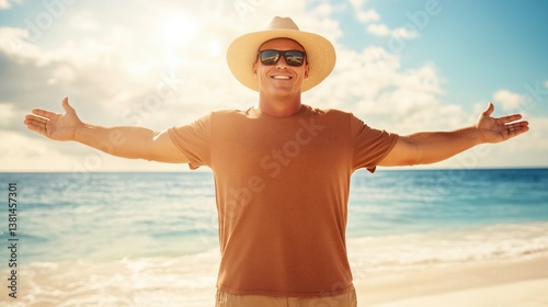 Happy man with open arms enjoying sunny beach day, wearing sunglasses and straw hat by the ocean during summer vacation