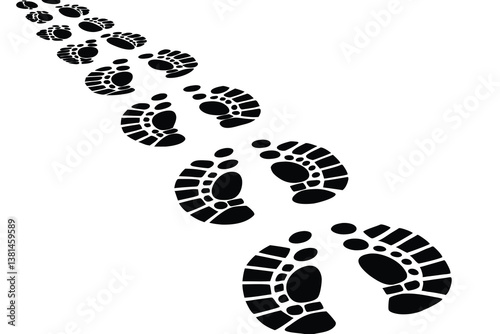 Black shoes prints footpath. Sneakers silhouettes path. Steps or footprints of walking person. Human steps traces. Vector illustration isolated on white background.