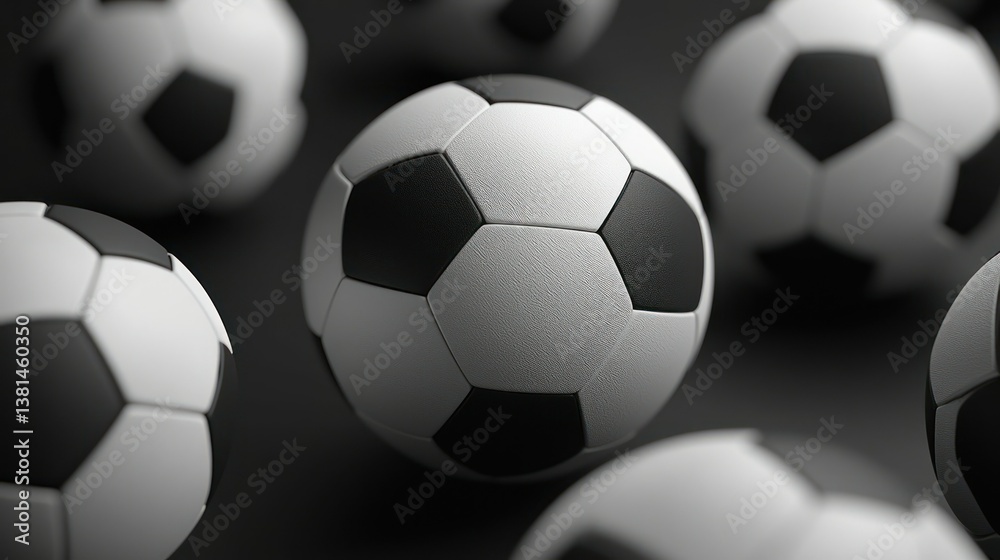 Obraz premium A Close-Up Shot of Soccer Balls, Classic Black and White Design, High-Quality Texture and Detail, Multiple Balls Blurred in the Background, Creating a Dynamic and Engaging Visual