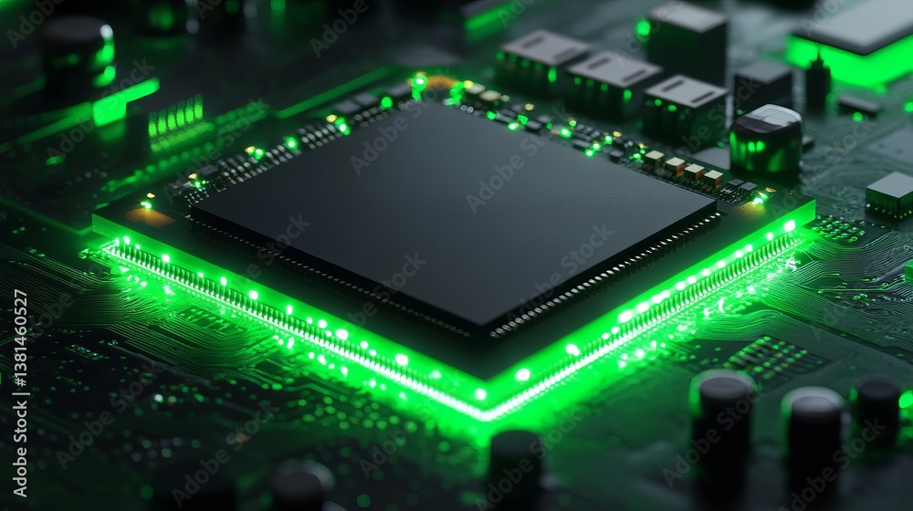 Fototapeta premium Close up of a computer processor with green led lighting on a circuit board components view