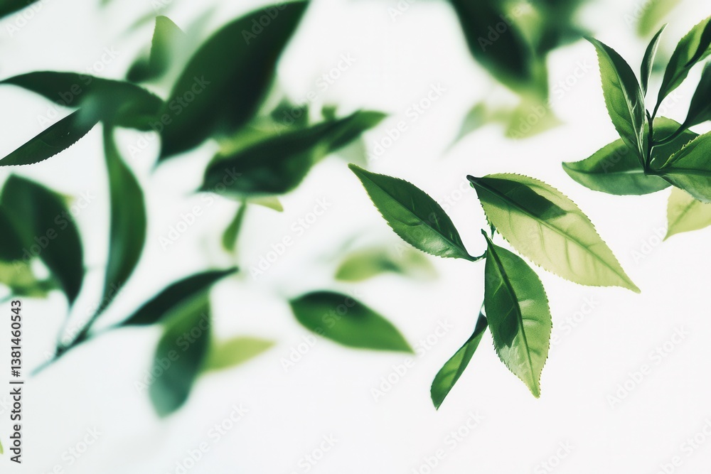 Obraz premium Lush green leaves gently swaying against a soft white background, creating a serene atmosphere