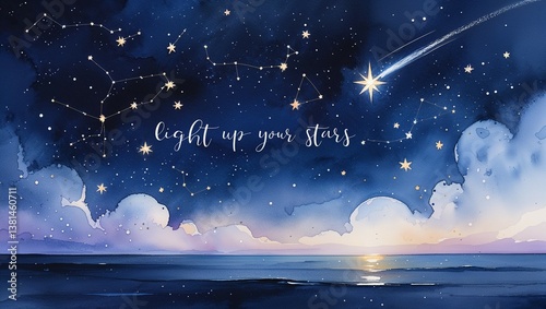 Night sky with stars and comet over ocean horizon in watercolor  