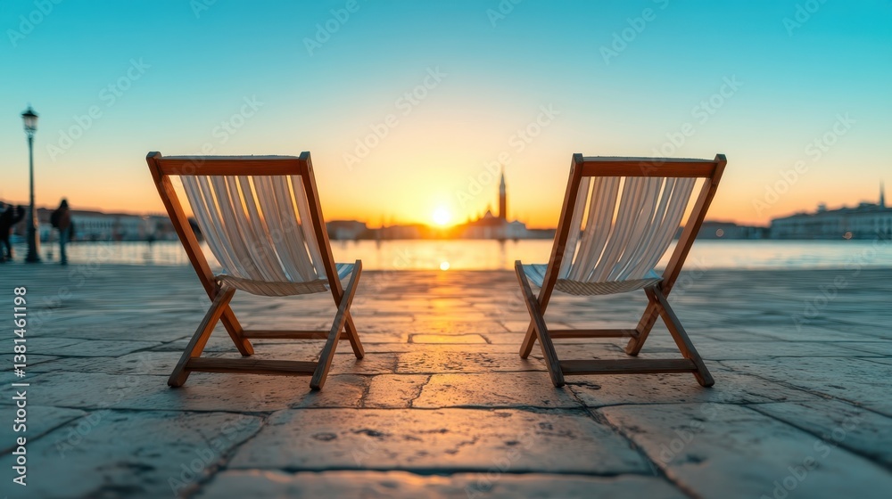 An inviting view features chairs set against a stunning sunrise over tranquil waters, representing the start of a new day filled with hope, optimism, and beauty. An inviting view features chairs set against a stunning sunrise over tranquil waters, representing the start of a new day filled with hope, optimism, and beauty.