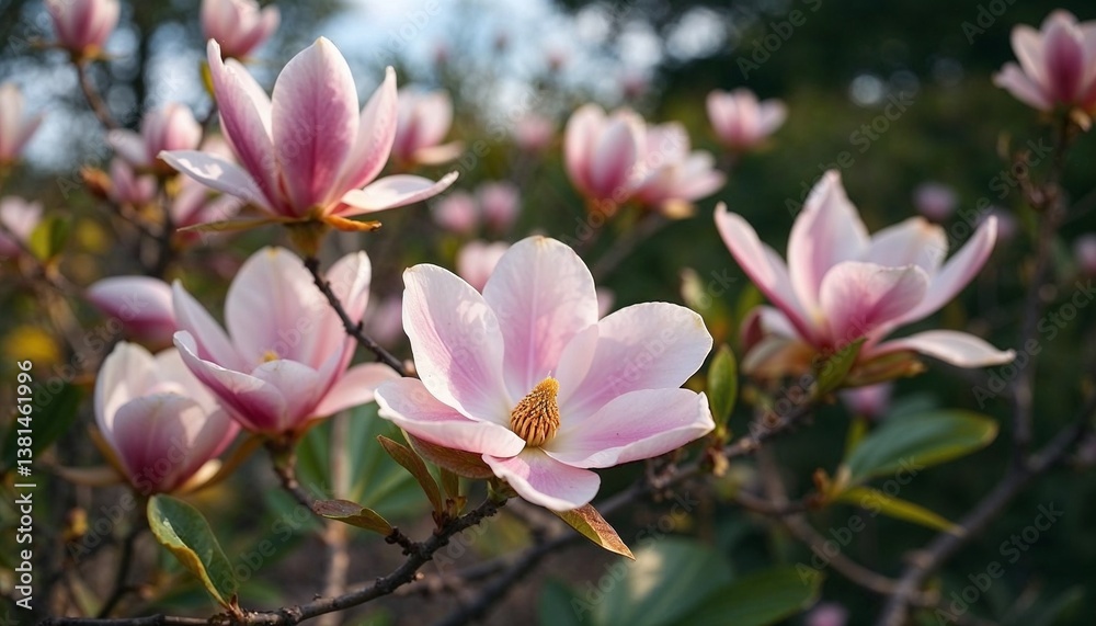 Blooming magnolia flowers with soft pink petals in a garden setting Blooming magnolia flowers with soft pink petals in a garden setting