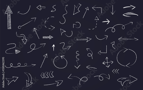 Hand drawn pencil arrows. Doodle curved chalk darts. Texture design elements of scribble lines. Hand painted crayon check