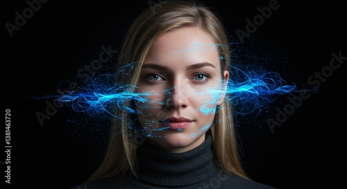 Woman and Data Stream - A young woman's face is partially obscured by a vibrant blue data stream, symbolizing technology's impact on identity and privacy