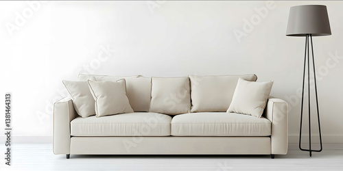 modern velor beige sofa floor lamp white background studio