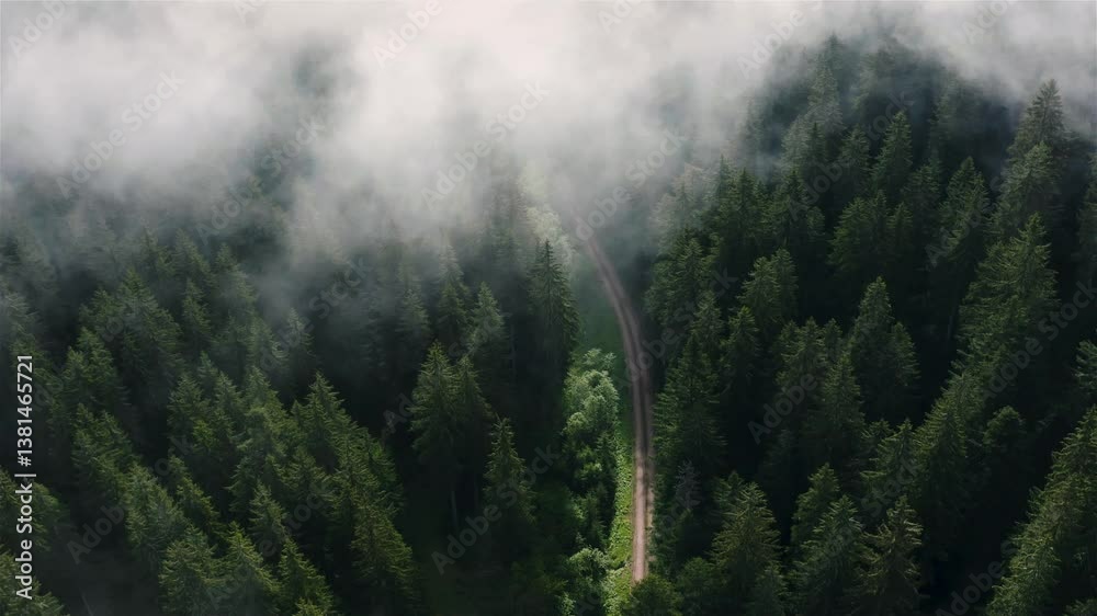 Aerial video on a foggy morning in Black Forest, Germany. Fly over a pine forest in the morning.
