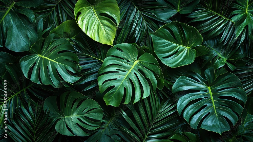 custom made wallpaper toronto digitalA flatlay, bathed in the cool hues of twilight, showcases a close-up of a lush green leaf and a palm tree, forming a seamless pattern against the backdrop of a velvety dark forest floor, evoking 