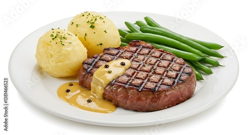 A delicious plate with perfectly grilled steak, served with potatoes and green beans, topped with creamy sauce. Bon appétit!