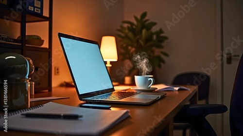 Wallpaper Mural Late Night Work from Home: Laptop and Coffee on a Desk in Soft Light. Torontodigital.ca