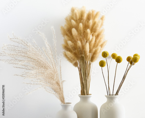 A stylish arrangement of dried flowers in minimalist white ceramic vases, set against a clean white background. The bouquet features soft beige bunny tails, delicate pampas grass, and vibrant yellow