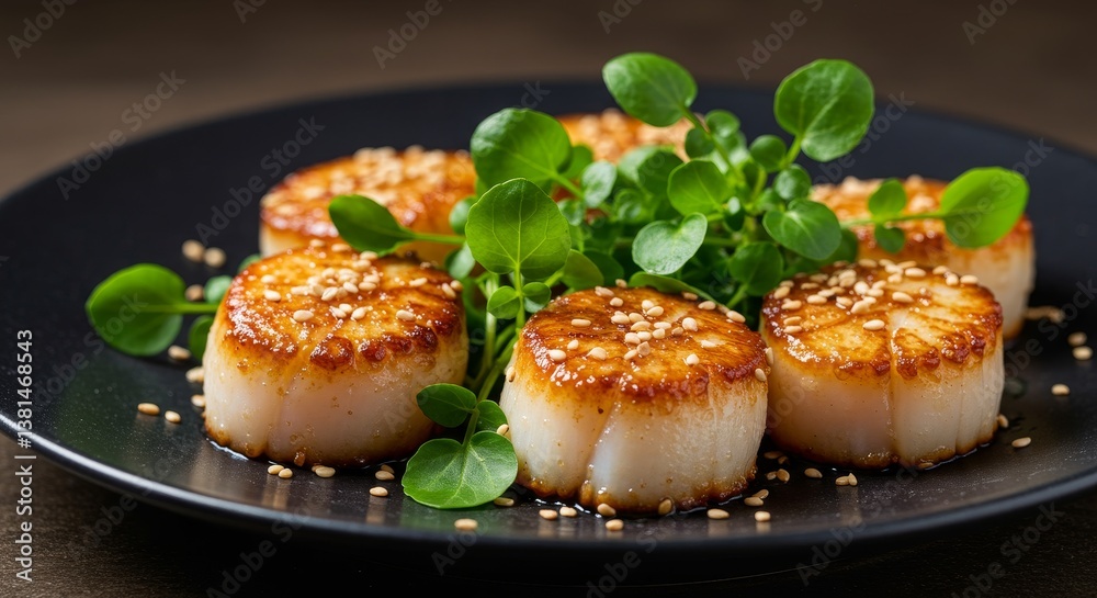 Seared Scallops with Sesame Seeds and Watercress - Delicious seared scallops topped with sesame seeds and fresh watercress, served on a black plate. A gourmet seafood dish Seared Scallops with Sesame Seeds and Watercress - Delicious seared scallops topped with sesame seeds and fresh watercress, served on a black plate. A gourmet seafood dish