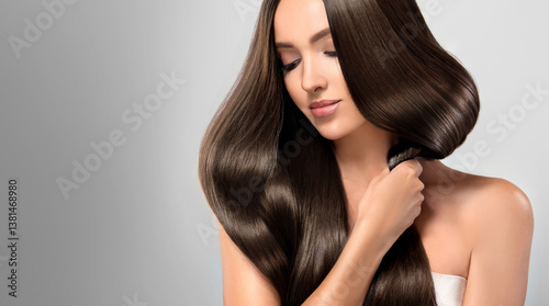 Tableau sur toile Beautiful model girl with shiny brown and straight long  hair