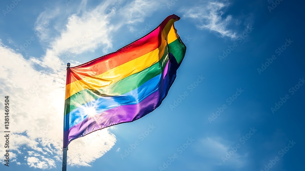 Pride flag waving in the clear blue sky Pride flag waving in the clear blue sky