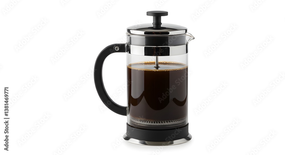A French press coffee maker showcases its full, dark brew against a clean white backdrop, ready for a rich coffee experience. A French press coffee maker showcases its full, dark brew against a clean white backdrop, ready for a rich coffee experience.