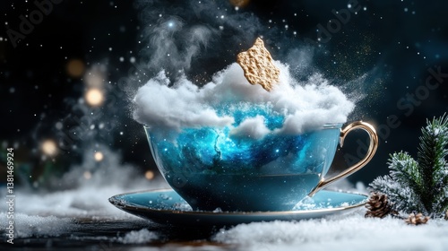 This enchanting image depicts a cup filled with swirling cosmic dust and clouds, blending the beauty of the universe with a tranquil tea-drinking experience.