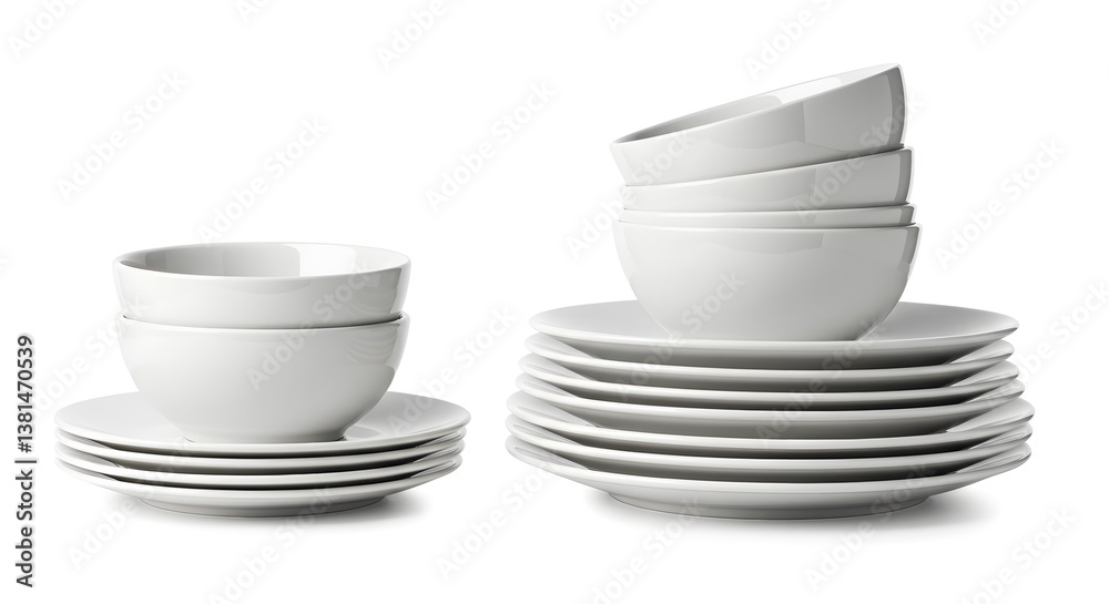 A stack of white dinnerware sets, featuring plates and bowls, is presented against a neutral backdrop, showcasing simple elegance. A stack of white dinnerware sets, featuring plates and bowls, is presented against a neutral backdrop, showcasing simple elegance.