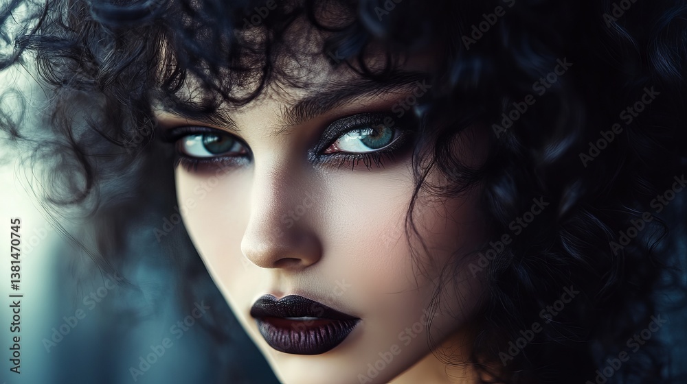Fototapeta premium Portrait of a Beautiful Woman with Dark Curly Hair and Intense Green Eyes Striking Makeup Mysterious Moody Fashion Photography Studio Shot Elegant 