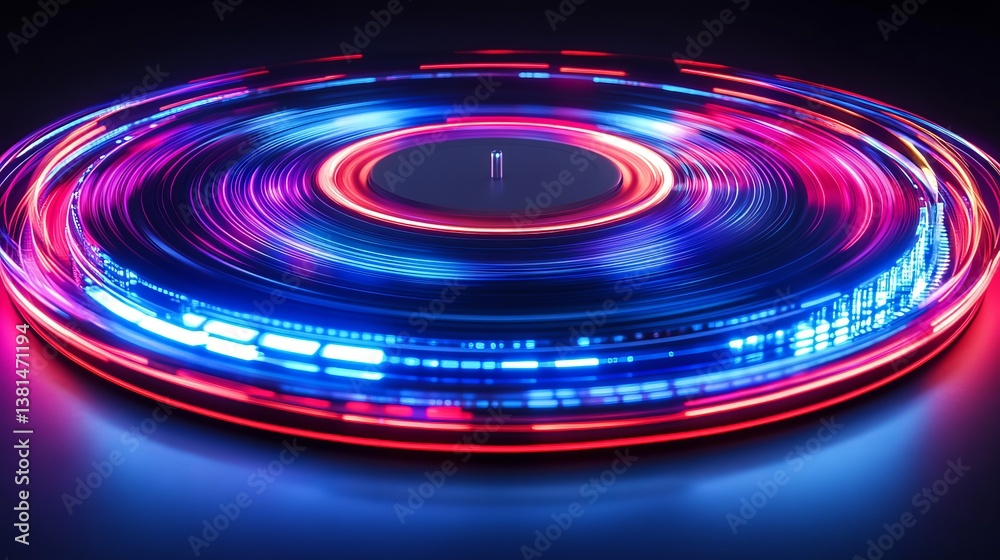 Abstract circular design with red and blue neon lights creating a swirling motion effect on black