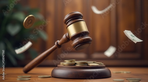 Dramatic wooden gavel auction with flying money in courtroom