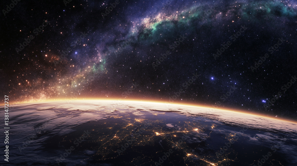 Fototapeta premium Beautiful view of Earth from space with a luminous Milky Way galaxy stretching across the starry sky. City lights glow beneath, showcasing cosmic beauty. Image made using Generative AI.