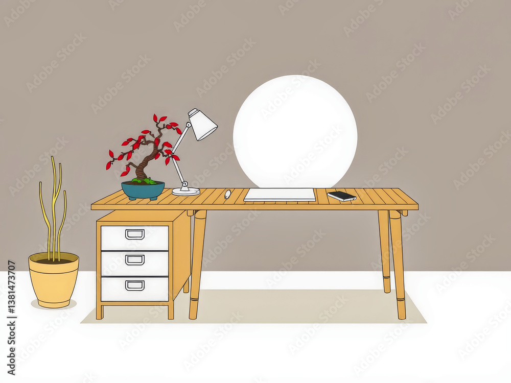 A desk with a lamp, a potted plant, and a computer monitor. The desk is empty except for a laptop. The room is clean and organized, with a minimalist design