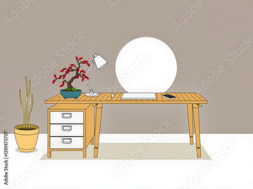 Obraz na płótnie A desk with a lamp, a potted plant, and a computer monitor. The desk is empty except for a laptop. The room is clean and organized, with a minimalist design w salonie