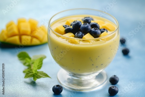 Fresh mango smoothie in a glass bowl topped with blueberries and diced mango on blue background