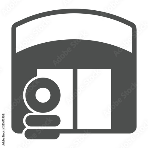 Garage with used car tires solid icon, repair service concept. Vector graphics. Small warehouse for mechanician, storage sign on white background, glyph style icon for mobile or web design.